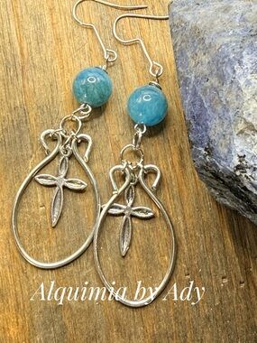 Alquimia Teardrop Cross Earrings with Blue Bead Accents